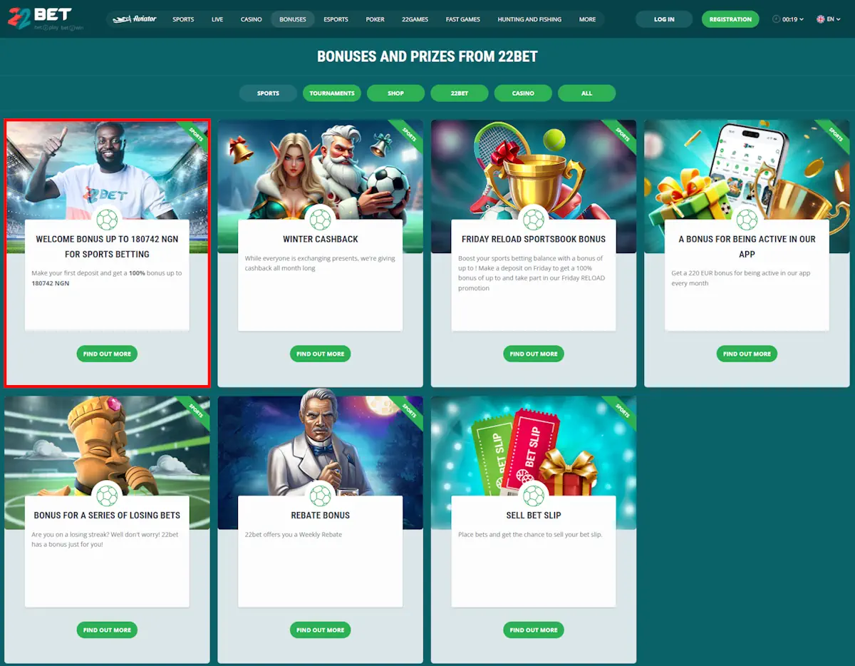 22Bet Sports Bonuses and Welcome Bonus Screenshots